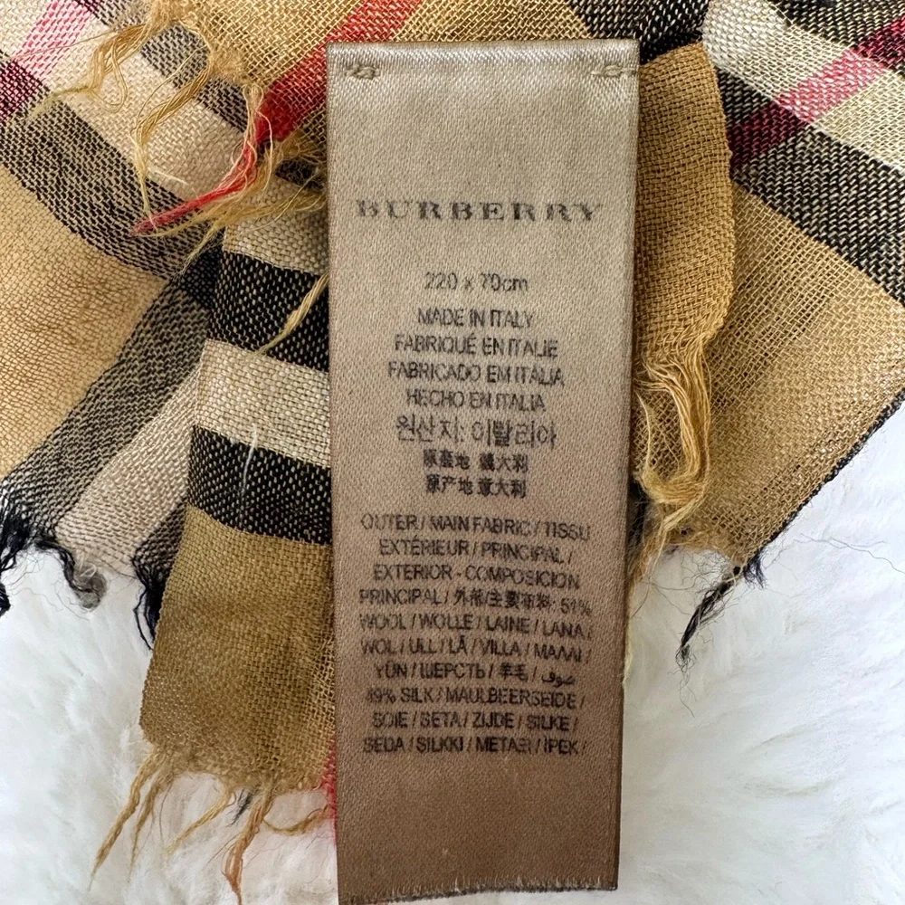 Burberry Wool Silk Checkered Antique Lightweight Large Scarf, Tan / Black - Picture 3 of 9